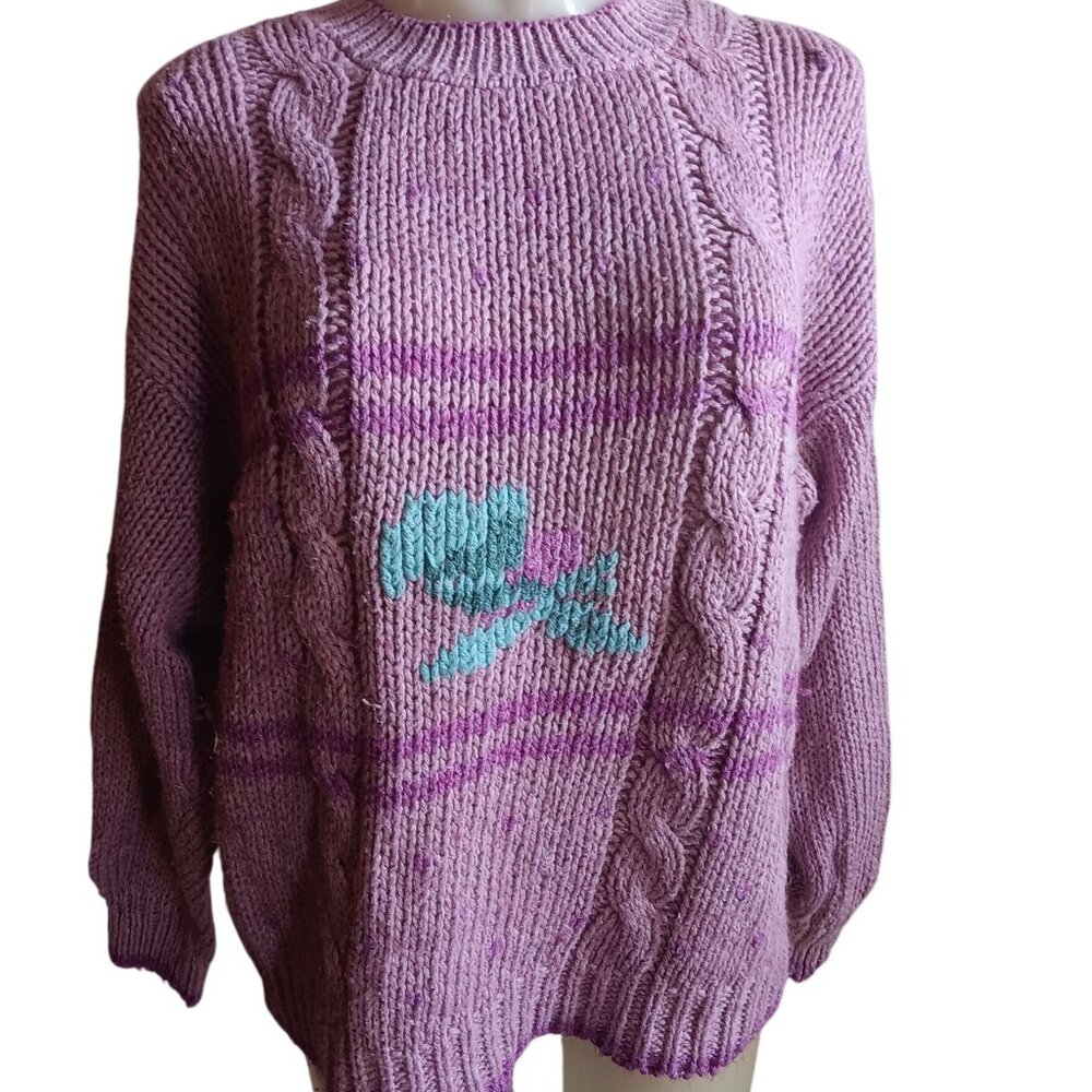 Vintage 80's Women's Sweater Wye Oaks Cable Knit Pink Floral Design Crew Neck